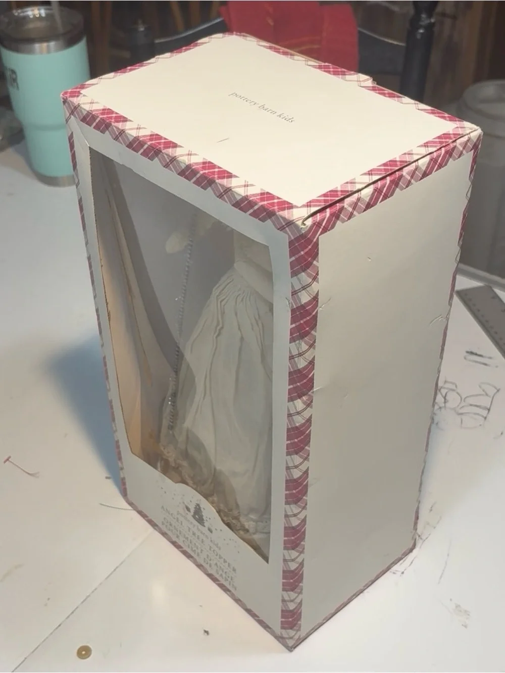 Pottery Barn Kids fabric angel Christmas tree topper red-and-white plaid bow